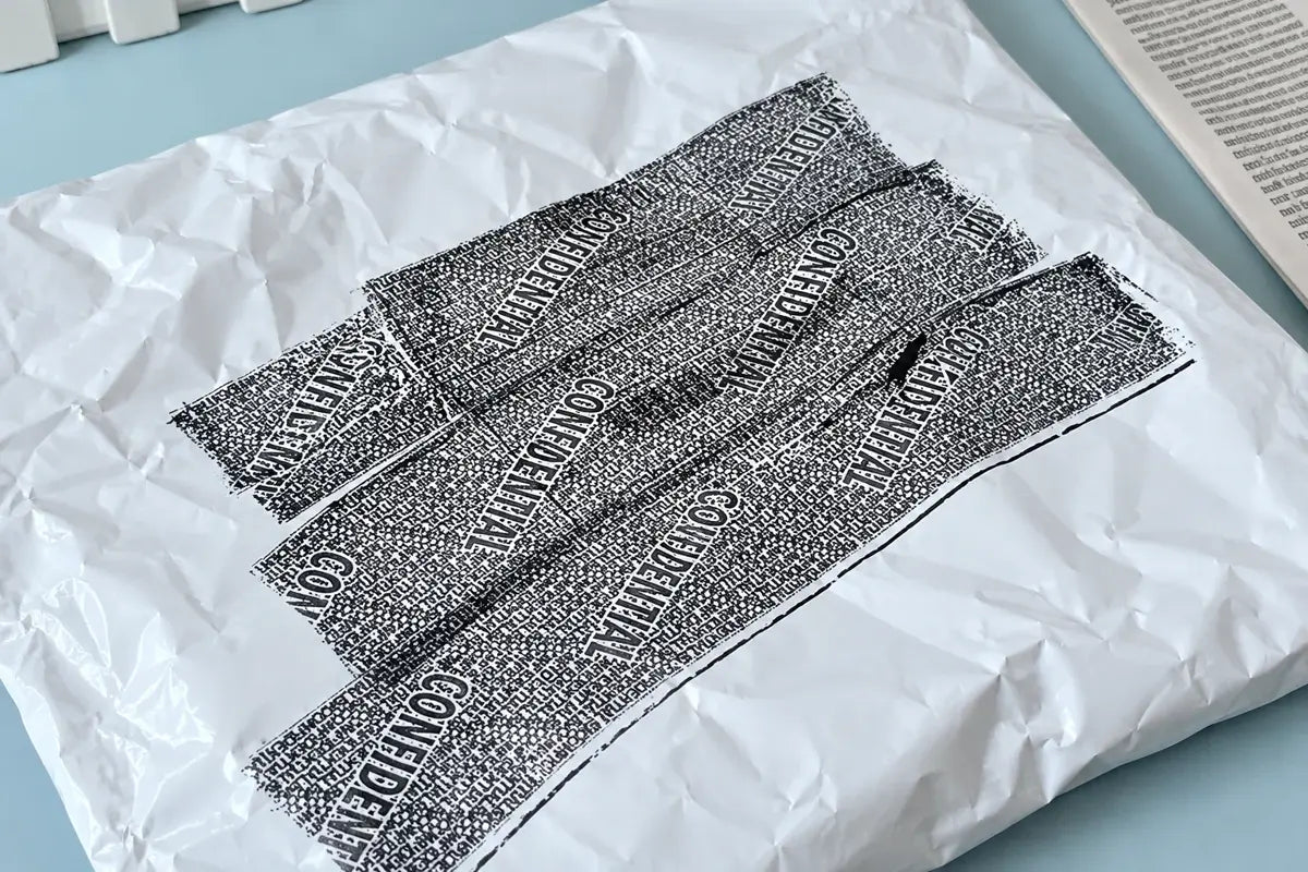 Close-up of a parcel label with personal information covered by the privacy pattern
