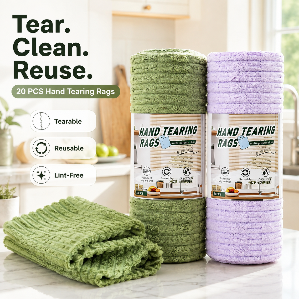 🧽 20-Pack Tear-Off Reusable Cleaning Cloths – Super Absorbent, Lint-Free & Streak-Free for Kitchen, Glass, Car & More ✨