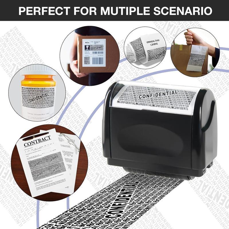 A privacy roller shown with envelopes, labels, paperwork and a prescription container