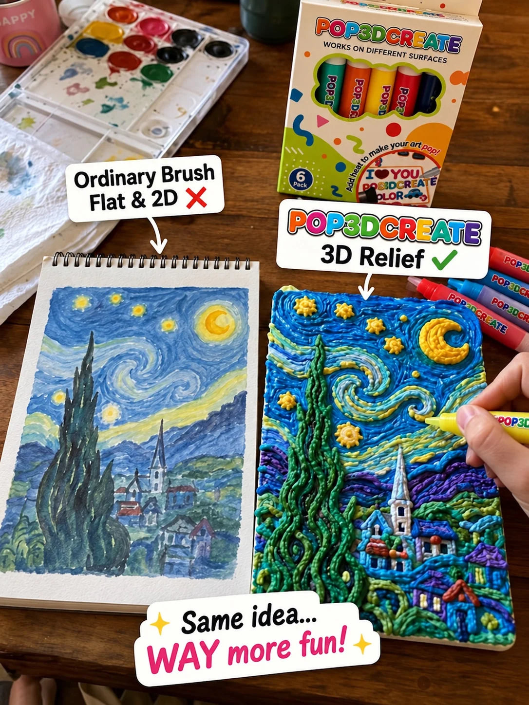 Comparison of an ordinary flat painting and the raised 3D relief version.
