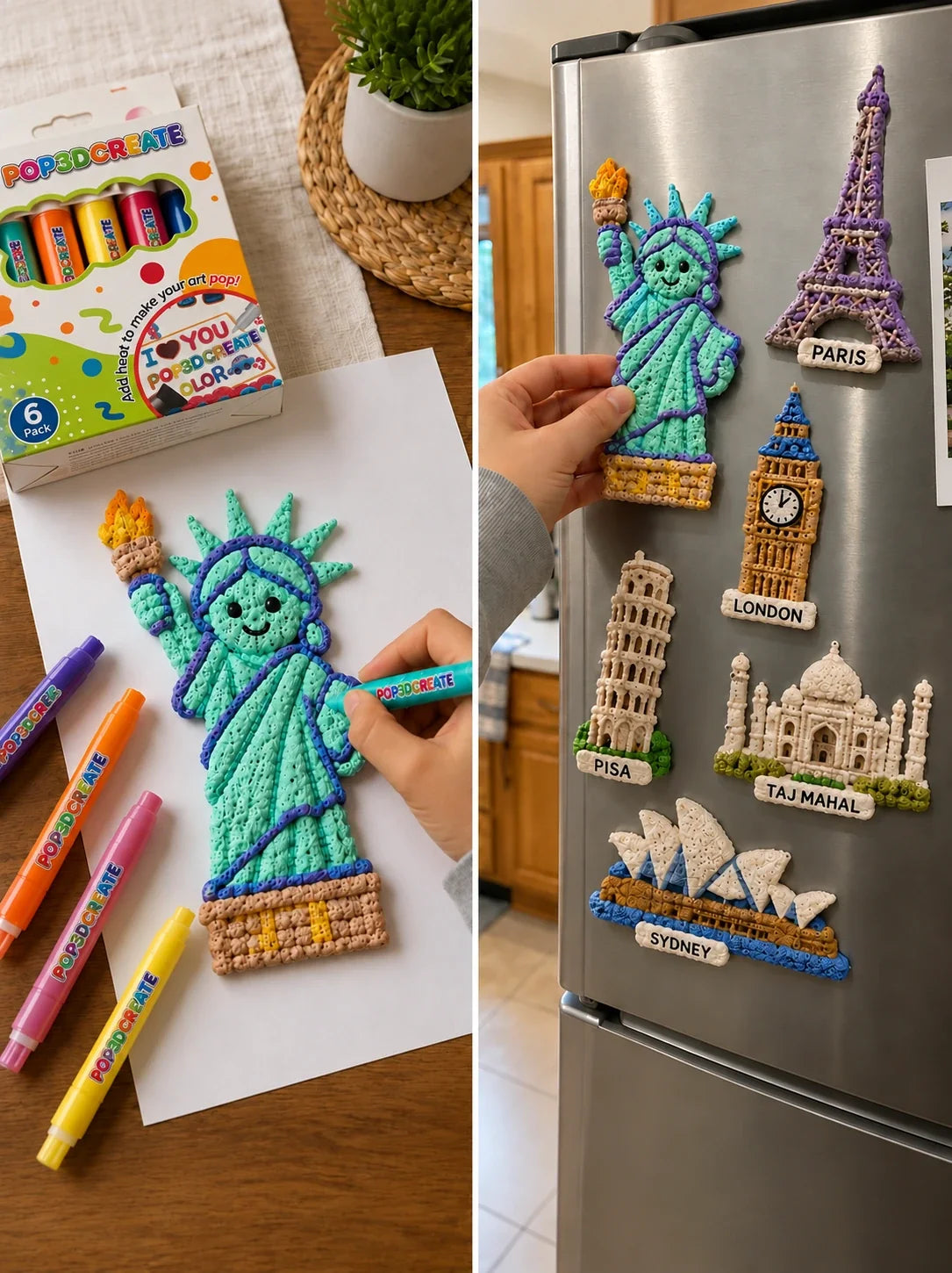 Handmade raised Statue of Liberty, Eiffel Tower and other landmark ornaments.