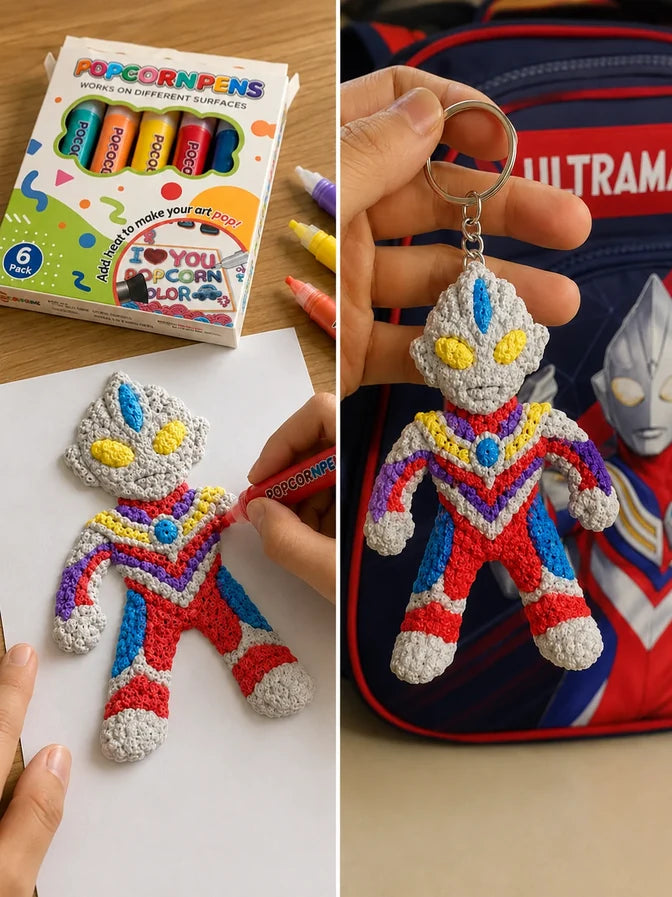 Handmade textured superhero ornament beside the art pen packaging.