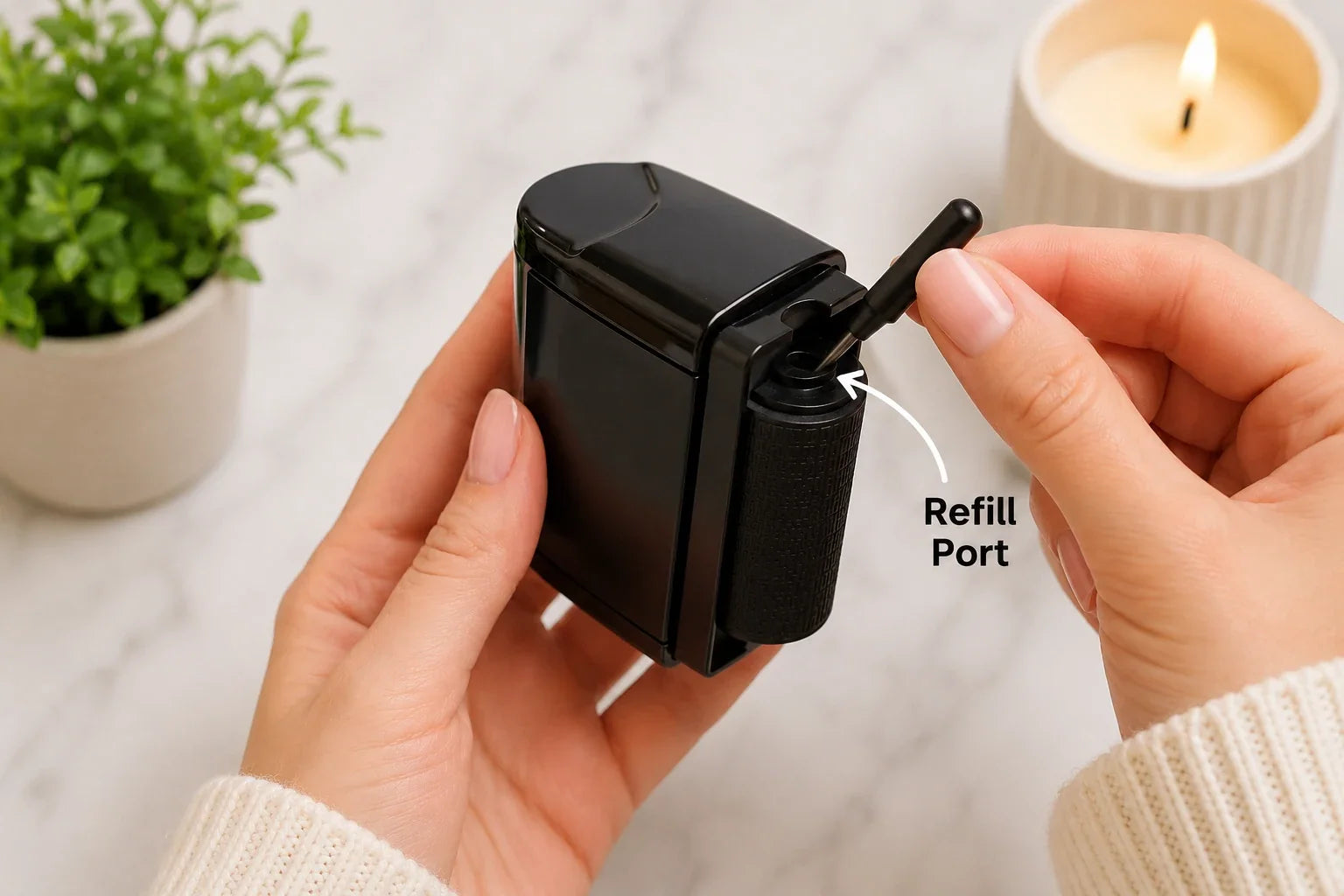 Adding compatible refill ink into the side port of a privacy stamp