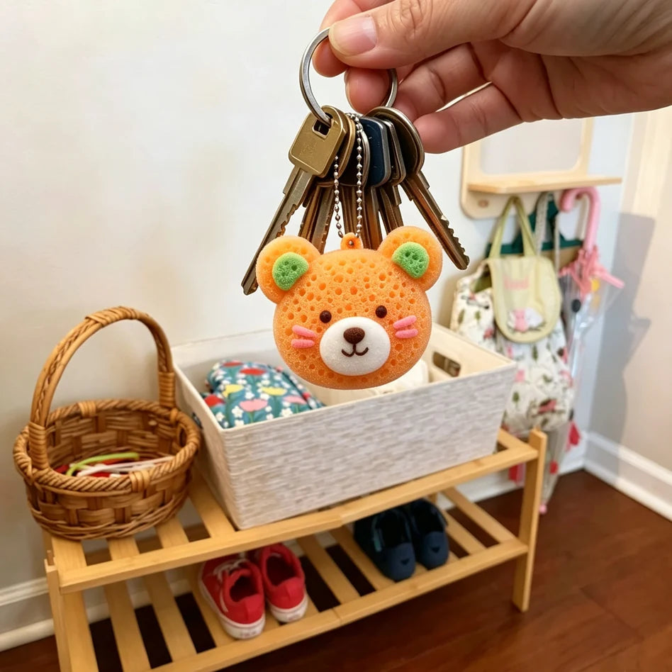 Handmade orange bear keychain with raised, colorful details.